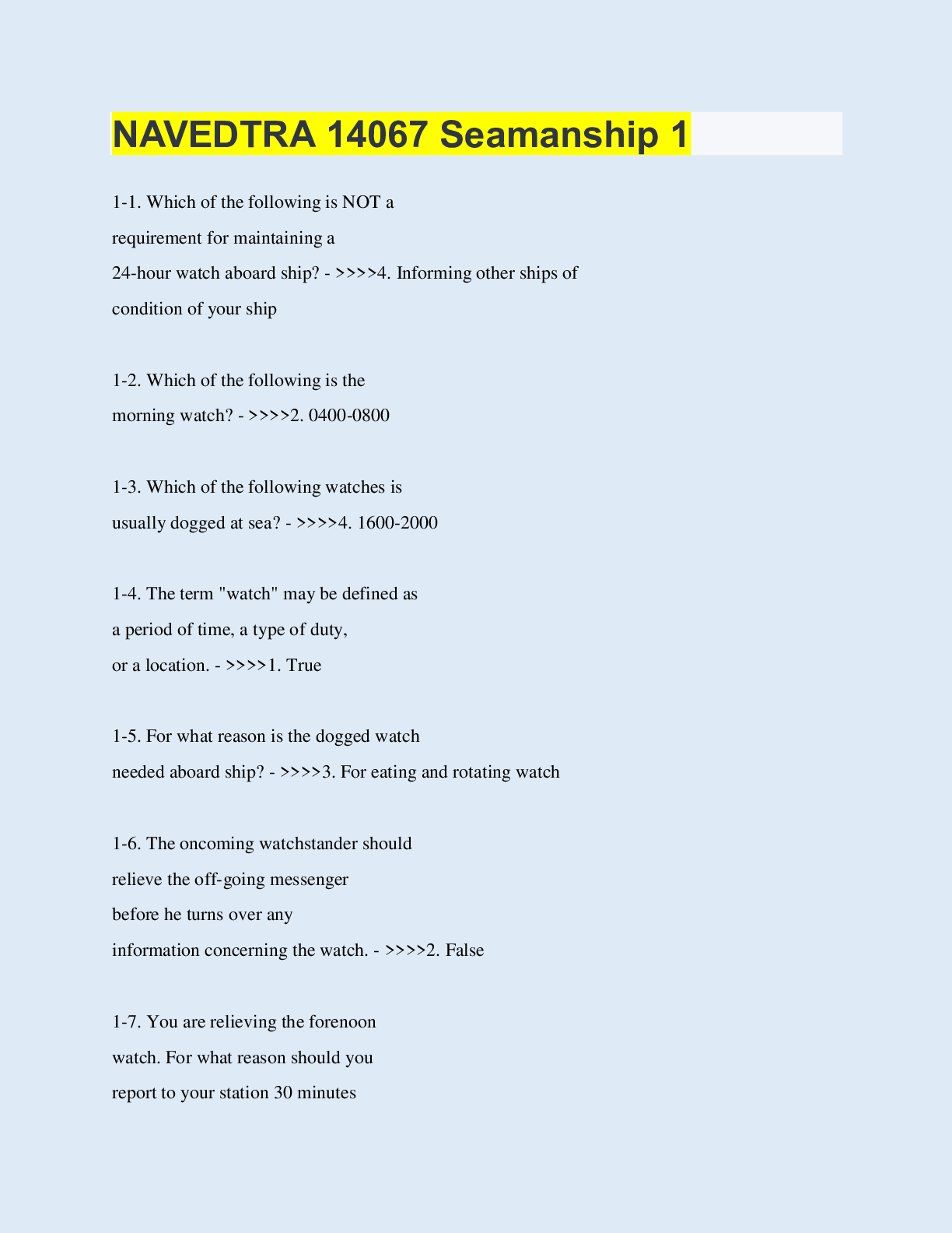 NAVEDTRA 14067 Seamanship 1  | 75 Questions with 100% Correct Answers | Updated & Verified